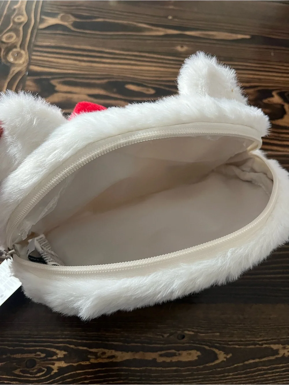 Forever 21 Hello Kitty White Plush Face Pouch with Red Bow Accent